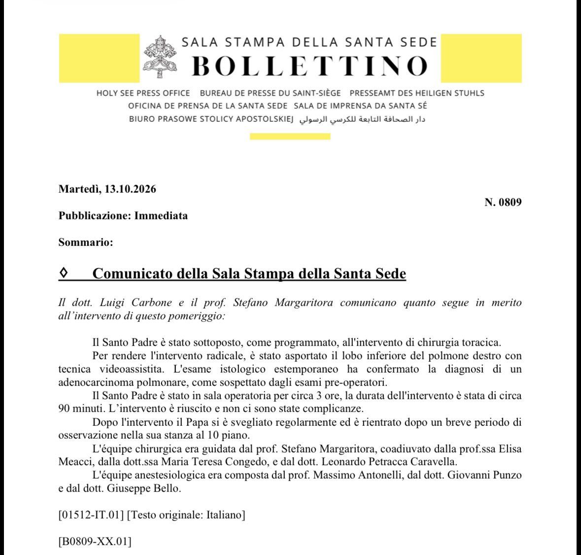 Comunicado de la Sala de Prensa de la Santa Sede en relación a la salud del Papa